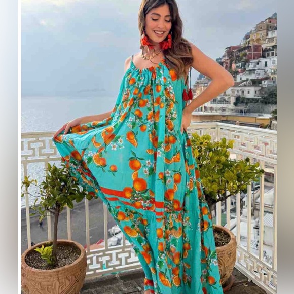 Antica Sartoria Dresses & Skirts - Tropical Floral Maxi Dress in Turquoise and Orange